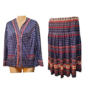 VTG Floral Custom Made 2 Pcs Set Buttons Down Blouse & Pleated Skirt Twinset